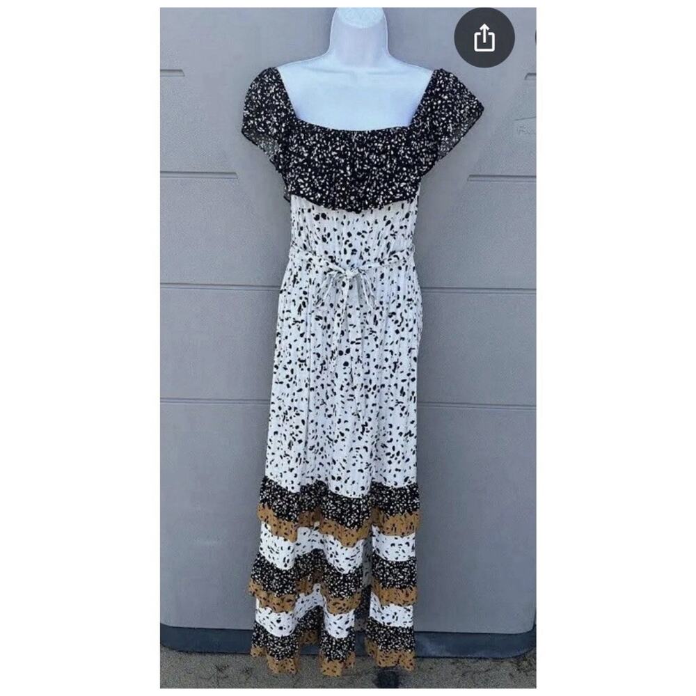 NWT Les Serein Off Shoulder Ruffle Tiered Bohemian Frnt Slit Elastic Maxi Dress - Picture 2 of 12